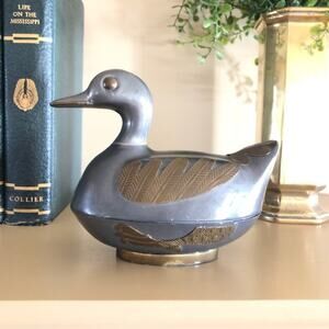 Vintage Metal Pewter & Brass Style Duck Trinket Box